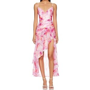 NEW Size XS US 2 Bardot Sorella Pink Tie Dye Ruffled High Slit Midi Dress